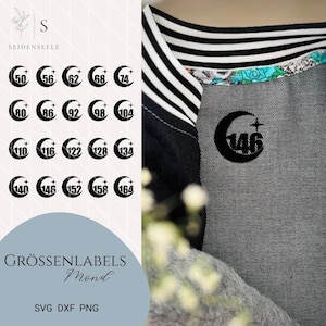 Puede incluir: Una colección de etiquetas de tallas en blanco y negro con números del 50 al 164, dispuestas en forma de media luna. Las etiquetas son para tallas de ropa. La imagen también muestra una chaqueta vaquera con una etiqueta de talla 146.