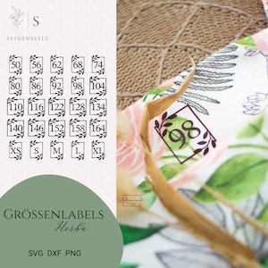 Puede incluir: Un diseño digital con etiquetas de tallas numeradas y tallas de XS a XL. Las etiquetas están enmarcadas con elementos florales. El texto "GRÖSSENLABELS Herba" también está presente, junto con "SVG DXF PNG".