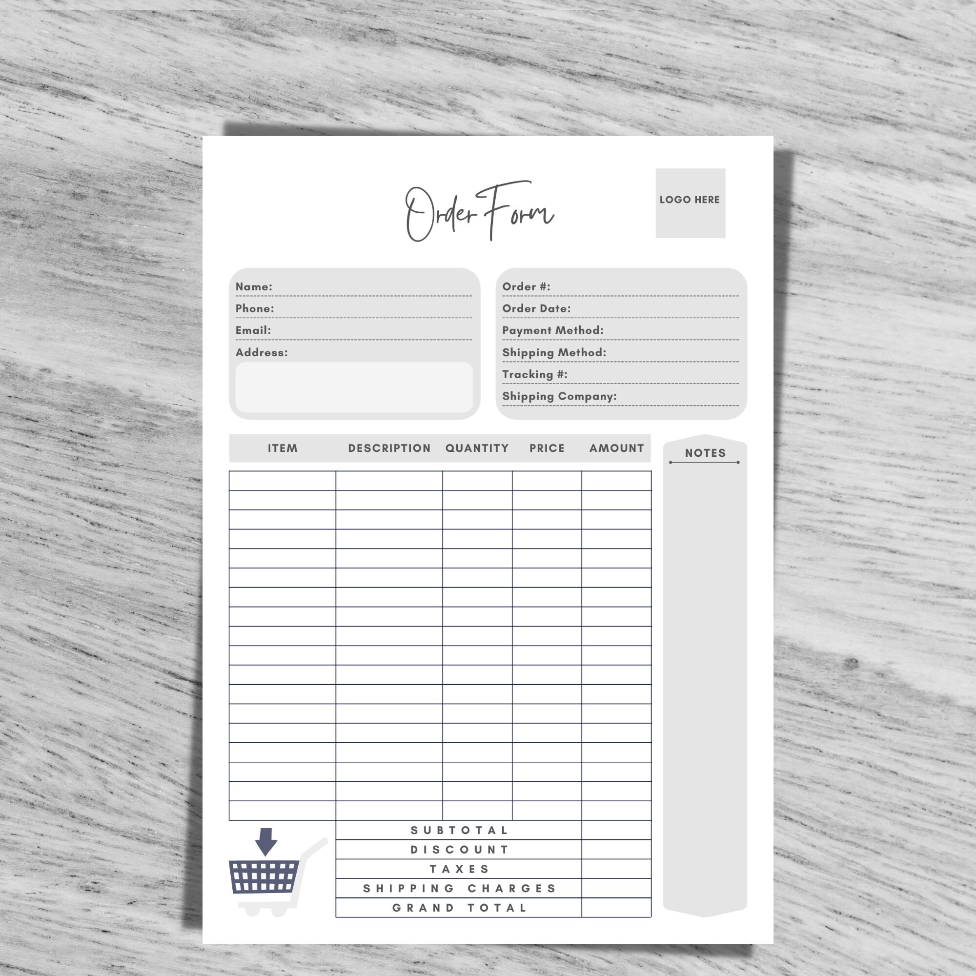 grey order form template editable purchase order template etsy