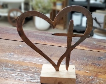 Metal Heart Cross - Rusty Metal Heart with Cross Shelf Sitter on Wood Base