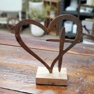 Metal Heart Cross - Rusty Metal Heart with Cross Shelf Sitter on Wood Base