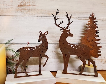 Rusty Metal Deer - Rusted Buck or Doe Shelf Sitter on Reclaimed Wood