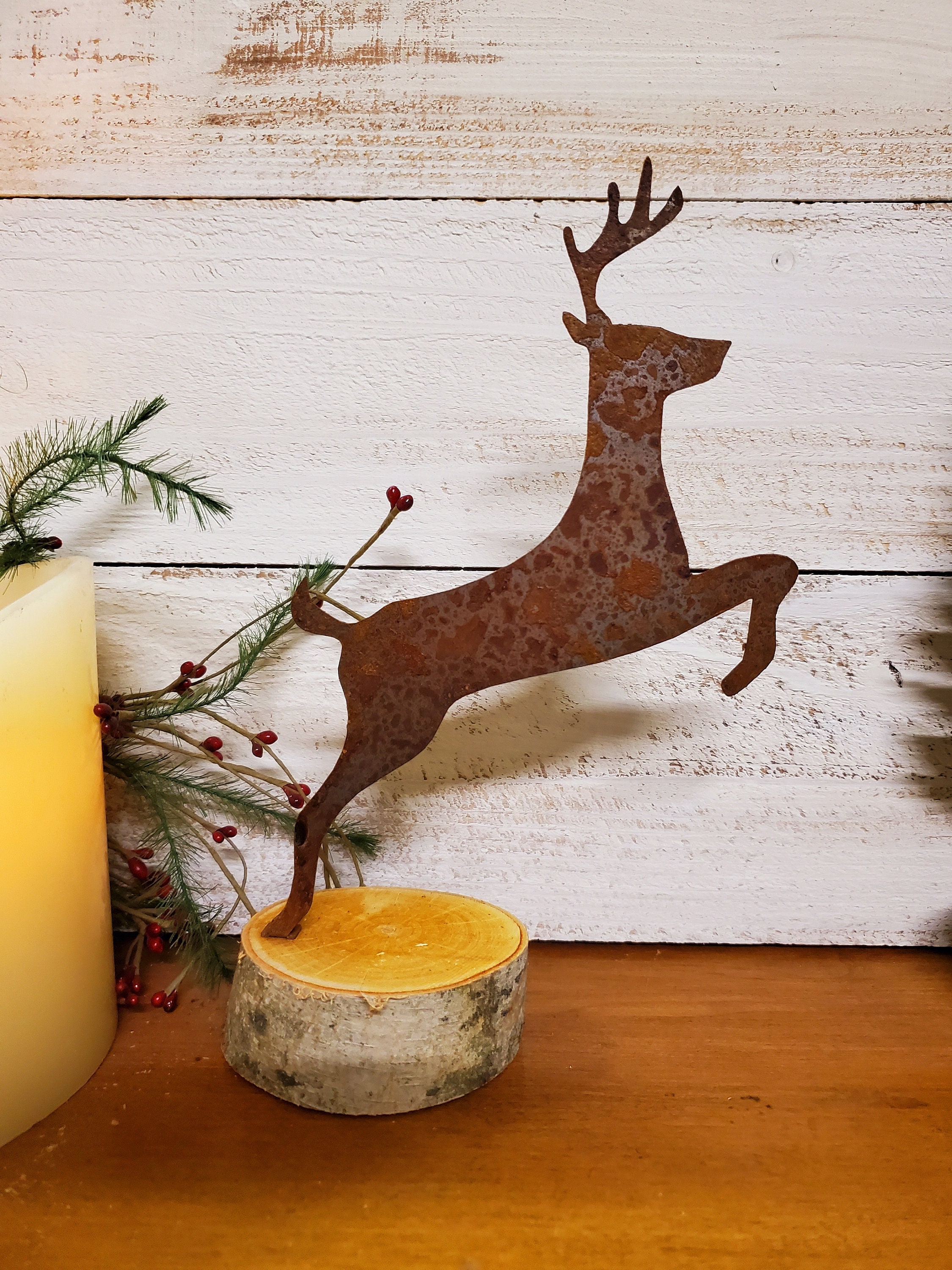 Rusty Metal Deer - Leaping Buck on Birch