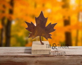 Metal Maple Leaf Shelf Sitter on Wood Base - Fall Decor