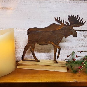 Rustic Moose on Reclaimed Wood Base - Rusty Steel Woodland Moose