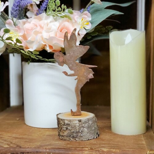Metal Fairy on Wood Base - Rusty Woodland Fairies