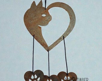 Campana de viento con forma de corazón y pata de gato - Campana de viento con forma de gatito