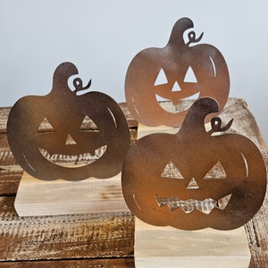 Rustic Metal Jack-O-Lantern - Pumpkin on Wood Base