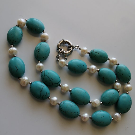 Vintage Turquoise pearl silver necklace 18" - image 2