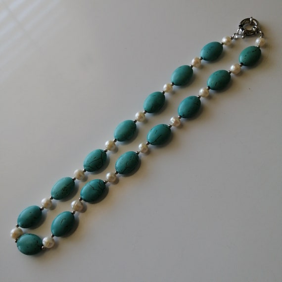 Vintage Turquoise pearl silver necklace 18" - image 3