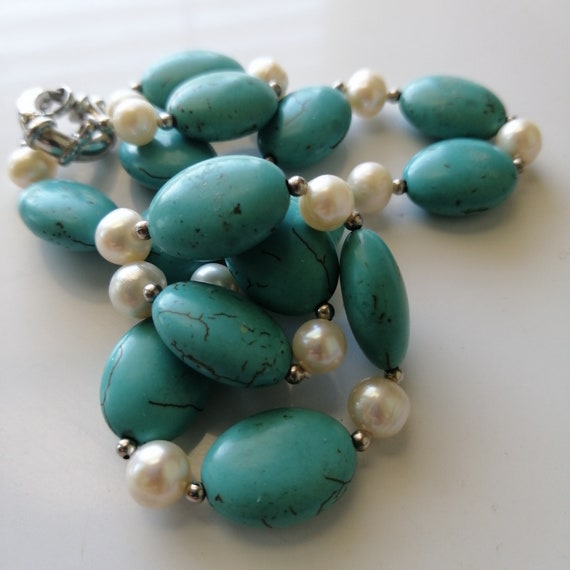 Vintage Turquoise pearl silver necklace 18" - image 1
