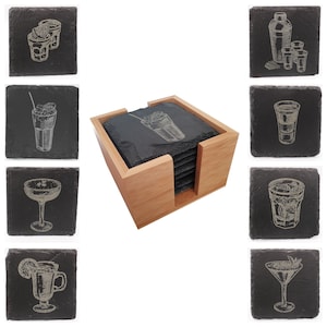 Set 2: 8 slate coasters with glass motifs and bamboo box