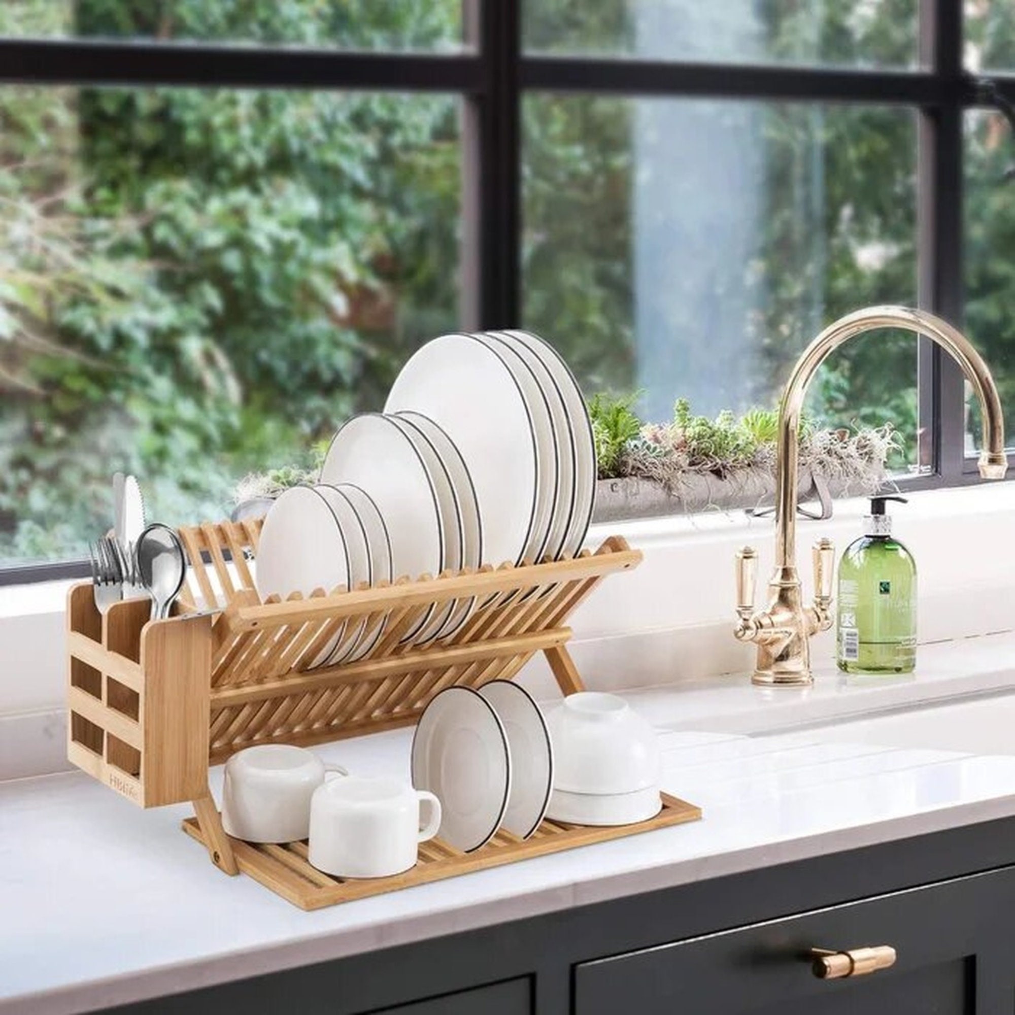 High Quality Easy Cleaning Thorough Draining 100% Bamboo Double Collapsible  Dish Drying Rack 