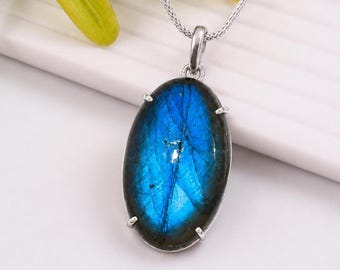 Natural Blue Flash Labradorite, 925 Sterling Silver Pendant, Handmade Labradorite Pendant, February Birthstone
