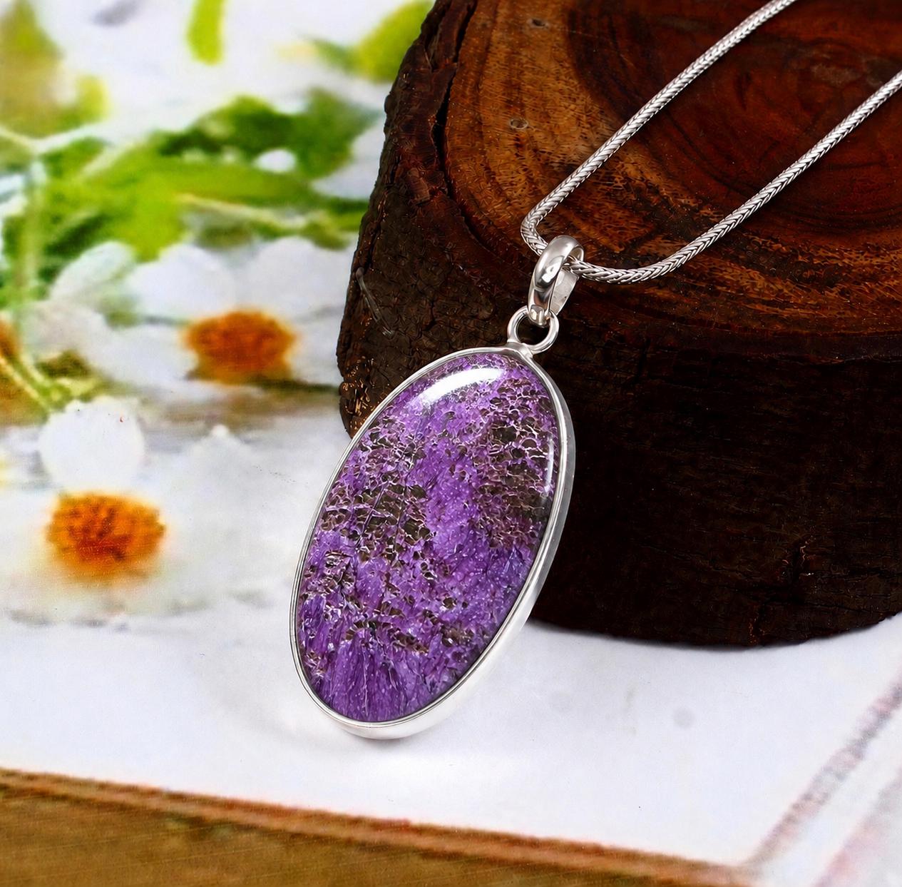 Natural Stichtite Oval Pendant Necklace 925 Sterling Silver Boho…