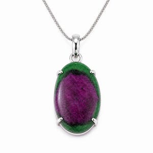 May include: An oval-shaped ruby zoisite pendant set in a silver-toned metal prong setting, suspended from a matching silver-toned chain. The gemstone features a deep magenta center surrounded by a vibrant green border with dark inclusions.