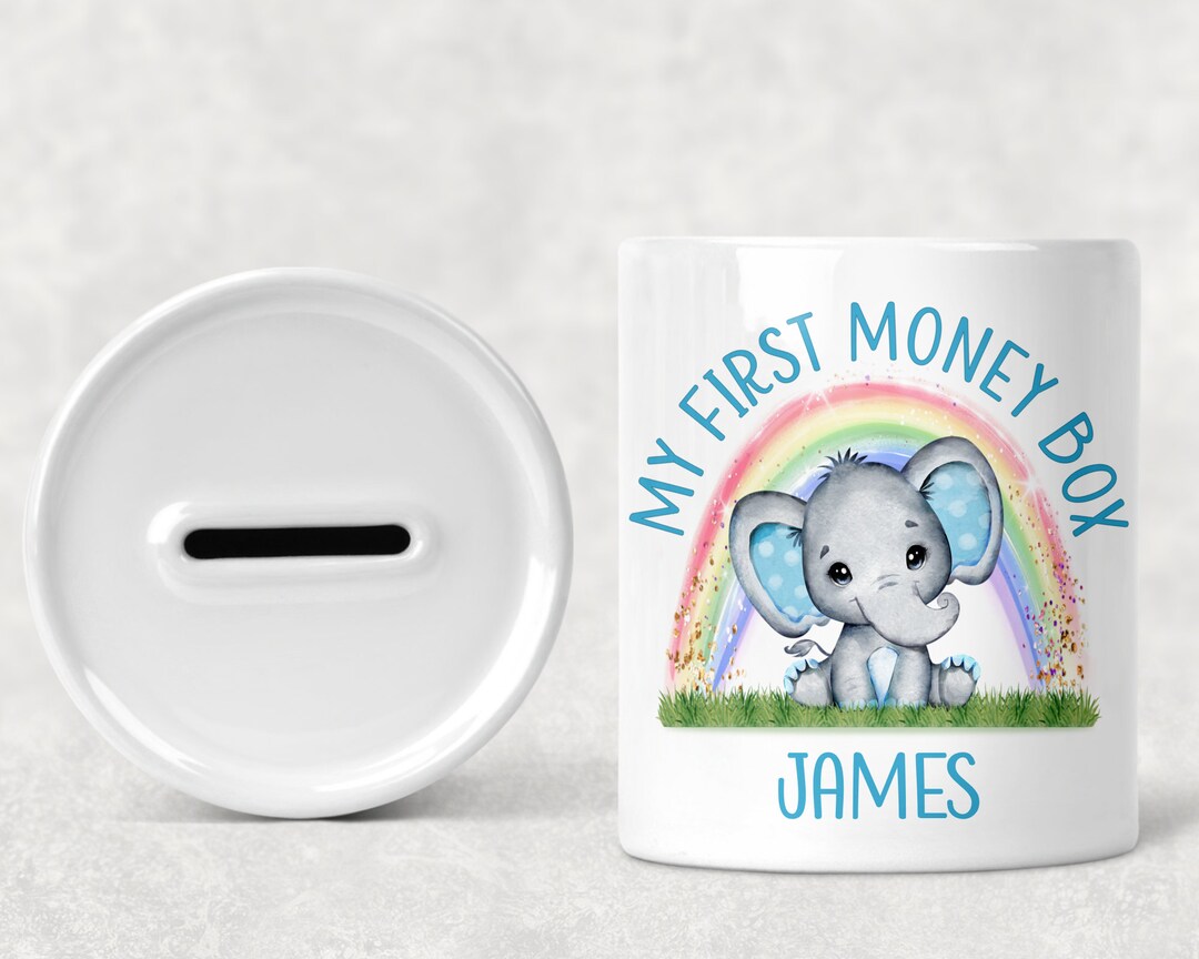 Personalised Baby Elephant First Ceramic Money Box, Personalised Piggy