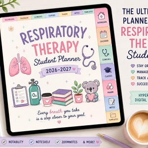 Op de afbeelding: Een digitale planner voor studenten ademhalingstherapie 2026-2027 op een tabletscherm. De interface bevat pastelkleurige tabbladen, een stethoscoop, longen, een zuurstoffles, boeken en een koala met de tekst, Every breath you take is a step closer to your goal.