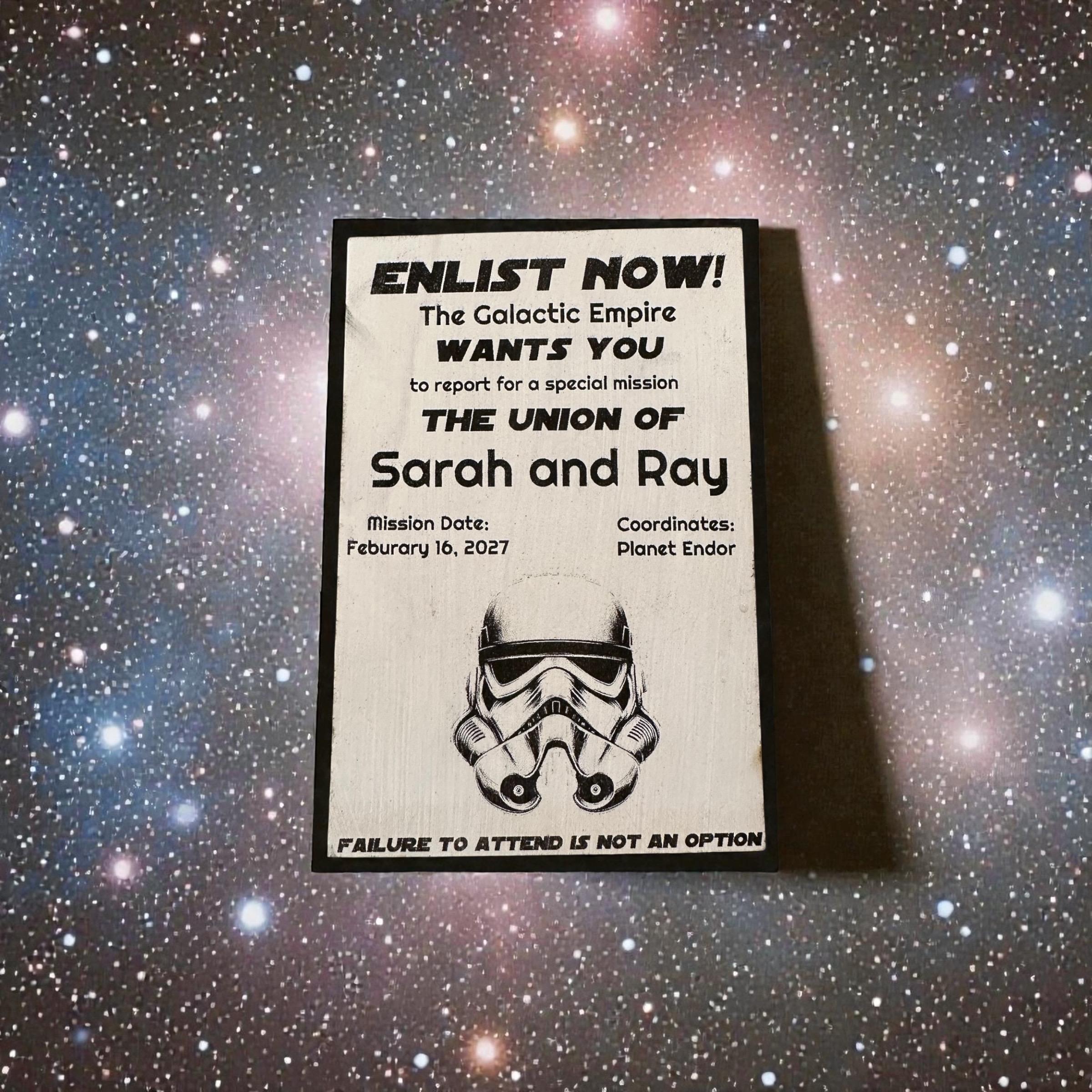 Galactic Wooden Wedding Invitation Sci-Fi Recruitment