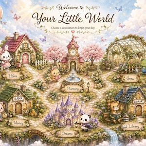 May include: A whimsical illustration titled Welcome to Your Little World featuring a floating island with various buildings labeled Home, Bank, Planning, Grow, Dreams, and Library, inhabited by cartoon animals including a rabbit, pig, panda, and frog.