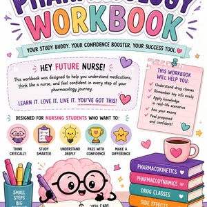 Op de afbeelding: Een kleurrijke cover van een farmacologie-werkboek met een cartoonbrein met een bril dat in een notitieboek schrijft. De tekst bevat Welcome to Your Pharmacology Workbook, Hey Future Nurse en leerdoelen. Illustraties tonen pennen, boeken en pillen.