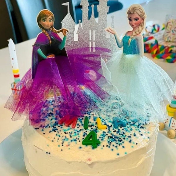 Topper de pastel congelado, topper de pastel de Elsa Anna, topper de pastel temático de cumpleaños congelado, topper de pastel congelado, fiesta congelada, topper del castillo de Elsa Anna