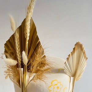 2X PALM Decorazione per torta con fiori secchi dorati, bouquet di fiori secchi, decorazione per torta nuziale con fiori secchi dorati, decorazione per torta floreale dorata, fiori per torta dorati