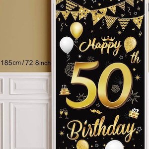 Telón de fondo del 50 cumpleaños, pancarta de la puerta del 50 cumpleaños, fondo negro y dorado del 50
