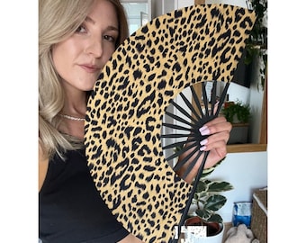 Wood Folding Hand Fan Leopard Print High Quality Durable Bamboo Fabric accessory. Great for holidays, festivals, raves. Clack festival fan