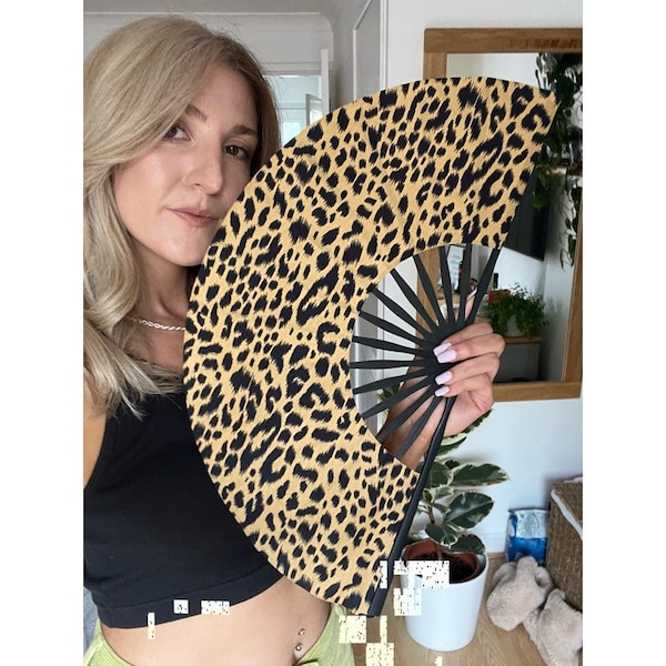 Wood Folding Hand Fan Leopard Print High Quality Durable Bamboo Fabric accessory. Great for holidays, festivals, raves. Clack festival fan