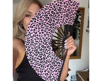 Wood Folding Hand Fan Pink Leopard Print High Quality Durable Bamboo Fabric accessory. Great for holidays, festivals, raves. Handmade cotton
