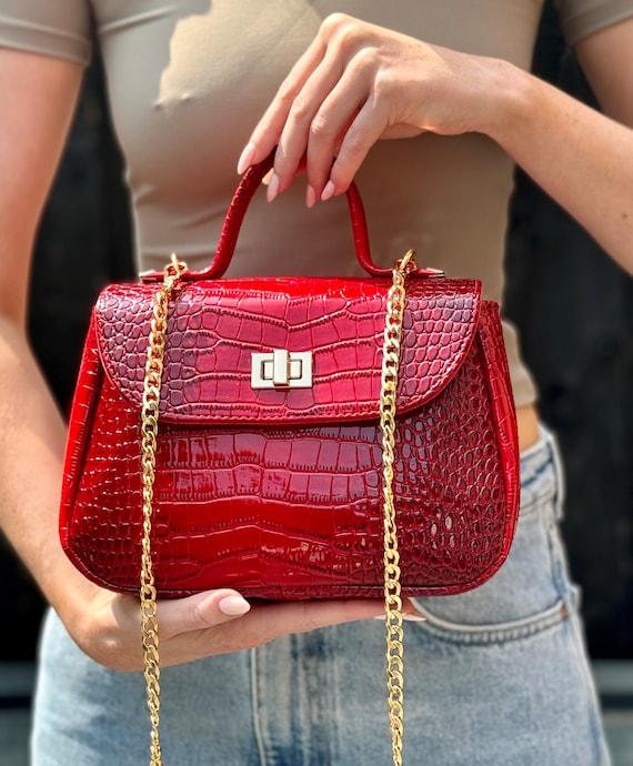 Red Top handle Mock Croc Faux Leather Handbag Crossbody Bag Featuring Luxe Gold Hardware and Removable Chain Strap Handmade Gifts for Her Etsy Canada
