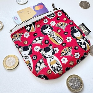 Coin and Credit Card Purse, Japanese Geisha Dolls on Red Background Coin Pouch, Small Zipper Purse, Handmade Gift for Her