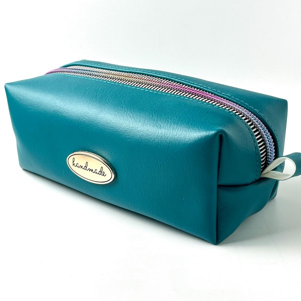 Faux Leather Teal Blue Boxy Cosmetic Bag