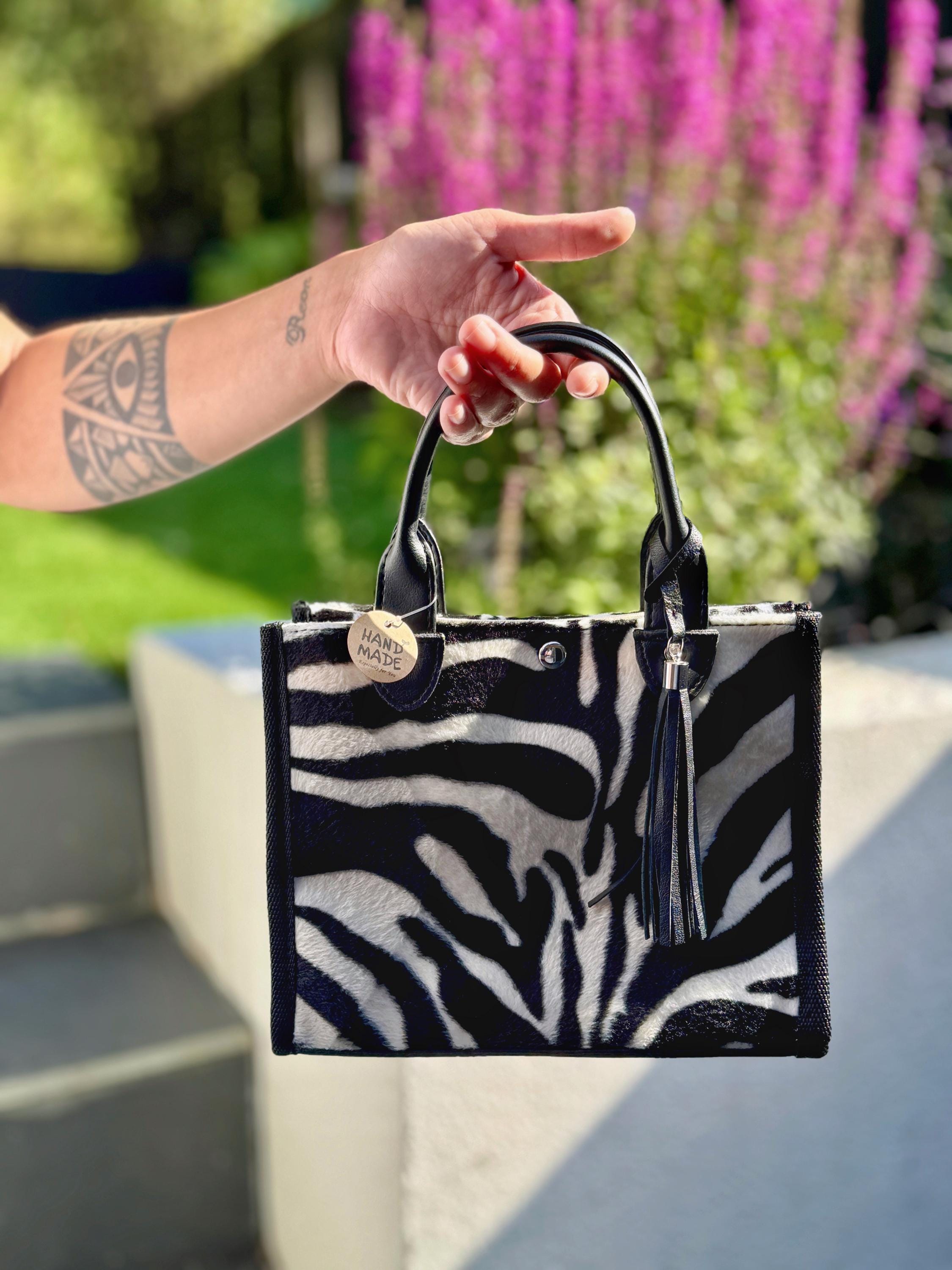 Mini Faux Fur Zebra Print Tote Bag, Black and White Faux Fur 