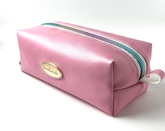 Faux Leather Baby Pink Boxy Cosmetic Bag