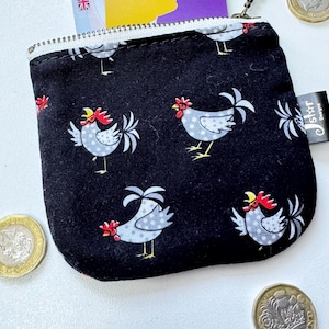 Coin and Credit Card Purse, Polka Dot Cartoon Chickens On Black Background Coin Pouch, Small Zipper Purse, Handmade Gift for Her