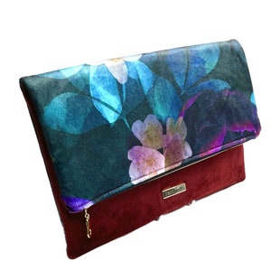 Red Velvet Floral Clutch Bag - Velvet Fold Over Clutch Bag - Large Floral Velvet Evening Purse - Mother of the Bride - Gift for Her.