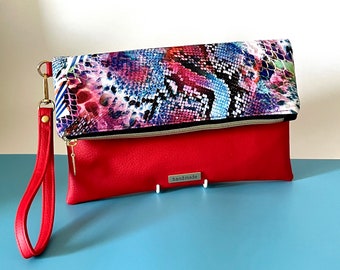 Multicoloured Vibrant Snake Print - Fold Over Clutch - Red Vegan leather - Wristlet
