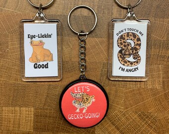 Fun Puns! Keychains, "Let's Gecko Going!", "Eye Lickin' Good", "Don't Touch Me, I'm Angry", AmpExLLC Original Puns