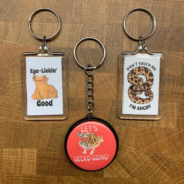 Fun Puns! Keychains, "Let's Gecko Going!", "Eye Lickin' Good", "Don't Touch Me, I'm Angry", AmpExLLC Original Puns