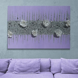 Lavender Glitter Roses Wall Art: Silver Glass Glam Decor
