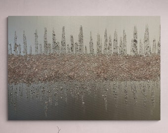 May include: An abstract painting in silver and brown with a textured surface. The painting is on canvas and has a modern style.