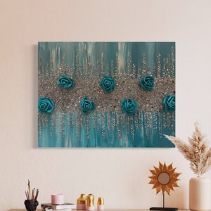 Teal Turquoise Glitter Glass Flower Wall Art: Glam Bling Decor