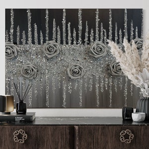 Black and Silver Glitter Glass Painting with Gray Roses, Flowers Wall Art, Glam Decor, Glitter Wall Art, Glass Wall Art, Silver Black Art