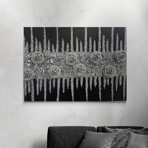 Black Gray Silver Glitter Glass Glam Painting, Flowers Wall Art, Gray Flowers Art, Glitter Wall Art, Bling Decor, Glam Wall Art, Glass Decor