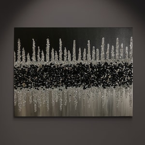 Black White Silver Glitter Glass Glam Painting, Glitter Wall Art, Glass Wall Art, Bling Decor, Crushed Glass Art, Black Decor, Silver Decor