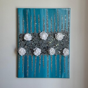 Teal Turquoise Glitter Glass Flower Wall Art: Glam Bling Decor