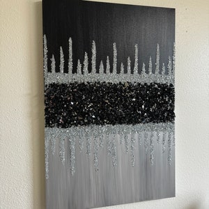 Black White Silver Glitter Glass Glam Painting, Glitter Art, Glass Wall Art, Bling Decor, Crushed Diamond Art, Black Decor, Luxury Decor