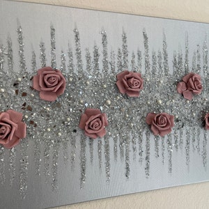 Blush Pink Glitter Glass Glam Painting, Glam Flowers Wall Decor, Crushed Diamond Decor, Glitter Wall Art, Blush Decor, Pink Home Decor, Pink